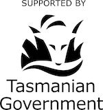 The Tasmanian Government Logo. It's a Tasmanian tiger peaking through grass in black and white. The text says supported by Tasmanian Government.